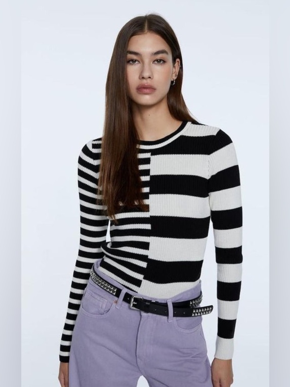 GB Black and White Mixed Stripe Crew Sweater